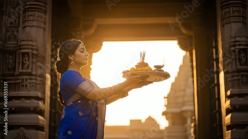 Indian woman presents puja thali in temple, devotional ceremony, tradition, spirituality, hinduism, culture, religion. Use for diwali, religious festivals, cultural events, tourism, faith projects.