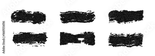 Grunge grain brush stroke collection. Rough textured dirt stripe set. Gritty dotted distressed elements for text box, banner, poster, label, badge, collage, frame, border. Vector stippled stain pack 