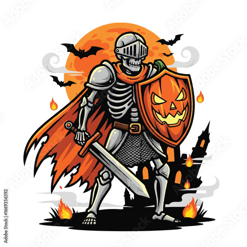 A skeleton knight in full armor holding a sword and a spooky jack-o'-lantern shield for Halloween.