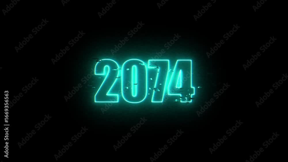2074 Neon Sign, Vibrant Blue Glow Against Dark Jahreswechsel, Schrift mit Neonschein 4k video Background animation