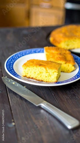 Two slices of golden cake on a plate