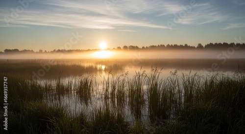 Misty waters reflect a bright sunrise, tall grasses in foreground and trees in background