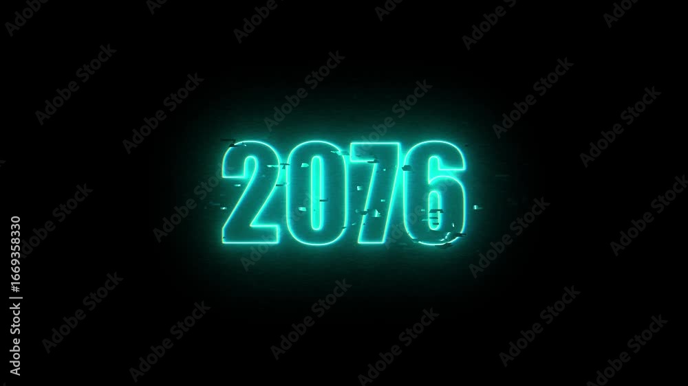 2076 Neon Sign, Vibrant Blue Glow Against Dark Jareswechsel, Schrift mit Neonschein 4k video Background animation