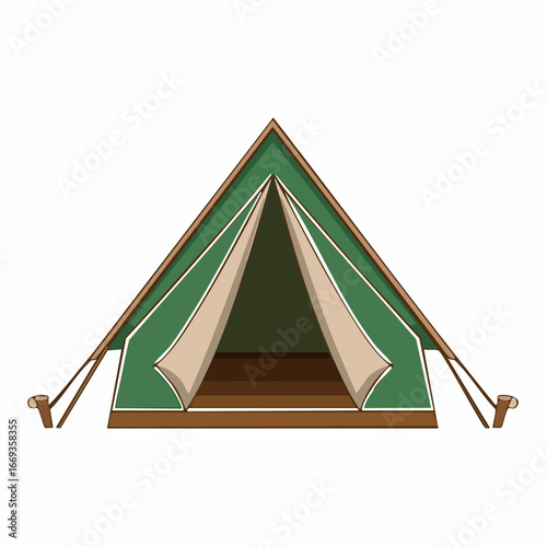 A cartoon illustration of a traditional green A-frame camping tent with its front flaps open, set against a white background.