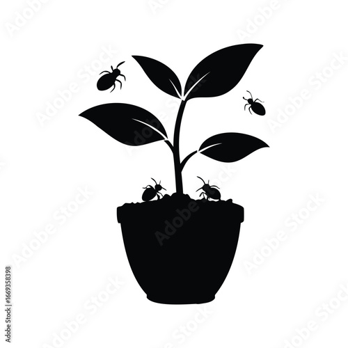 Silhouette of a young plant in a pot being attacked by insects, A tree seedling on a tob with insect silhouette vector illustration