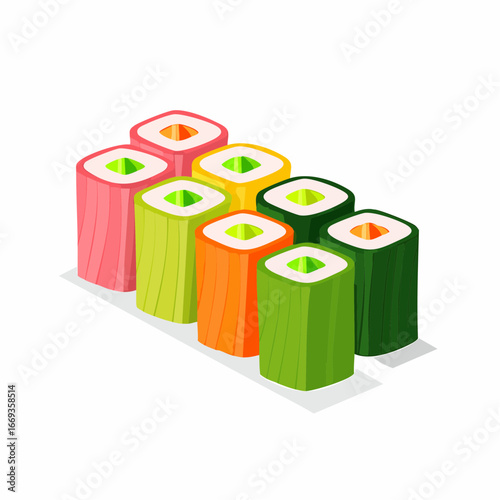 A colorful assortment of sushi rolls arranged in a diagonal line on a white background.