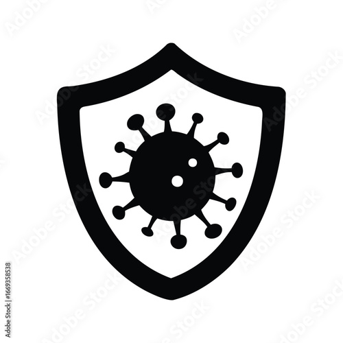 Icon of shield protecting from coronavirus, representing safety and health measures, virus with sheild silhouette vector illustration