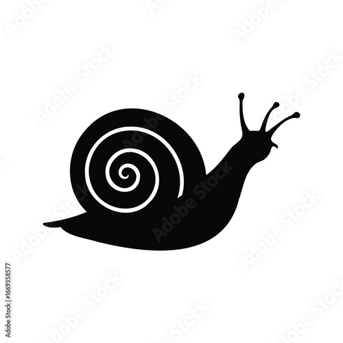 Monochrome illustration of a snail with spiral shell against a white background, Spiral shell silhouette vector illustration
