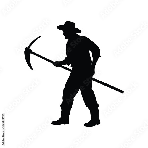 Silhouette of a man with a pickaxe, isolated on white background image, farmer using sickle illustration silhouette