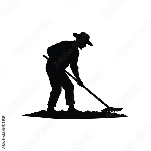 Black silhouette of a farmer working the land with a rake tool, farmer cultivating soil illustration silhouette