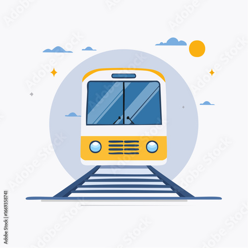 A modern yellow passenger train on a railway track, depicted in a flat vector illustration style.