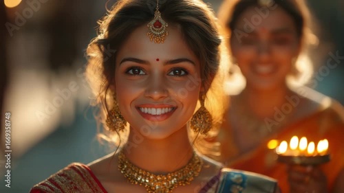 Smiling woman in saree holding diya lamp with warm festive glow