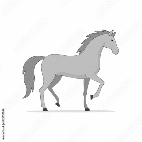 A stylized illustration of a graceful grey horse with a flowing mane and tail, captured mid-stride against a clean white background.