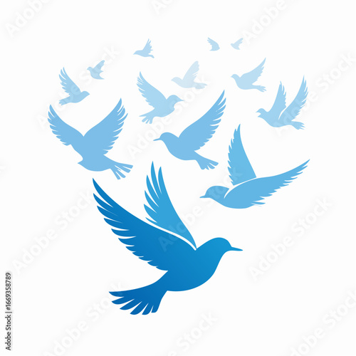 A beautiful illustration of a flock of blue birds flying upwards against a white background.