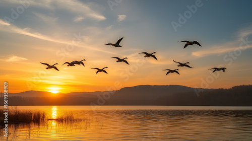 Wild geese fly in V-formation over calm lake at sunset. Autumn colors paint sky, landscape. Birds symbolize migration south. Beautiful nature scene. Tranquil lake reflects golden light of setting