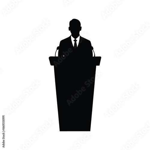 Silhouette illustration of a person giving a speech behind a podium, a businessman giving a speech silhouette vector illustration