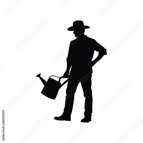 Silhouette of a farmer holding watering can in the garden with hat, farmer with watering can illustration silhouette
