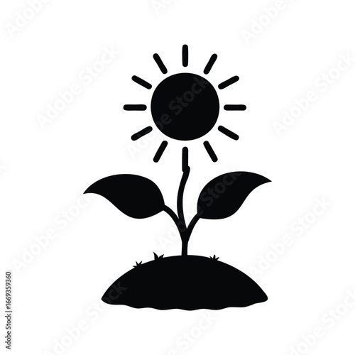 Black and White Illustration of a Growing Plant Under the Sun, sunflower silhouette vector illustration