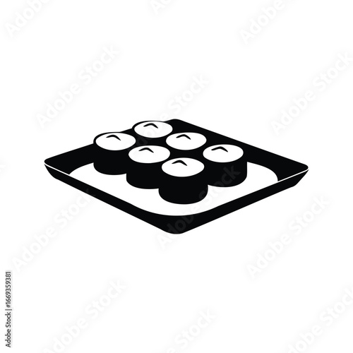 Black and white illustration of maki sushi on a square plate, maki sushi silhouette vector illustration