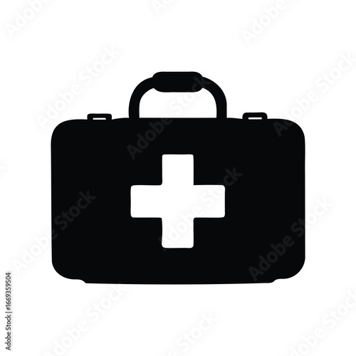 Black First Aid Kit Silhouette with Medical Cross Symbol on White Background, first aid kit illustration silhouette
