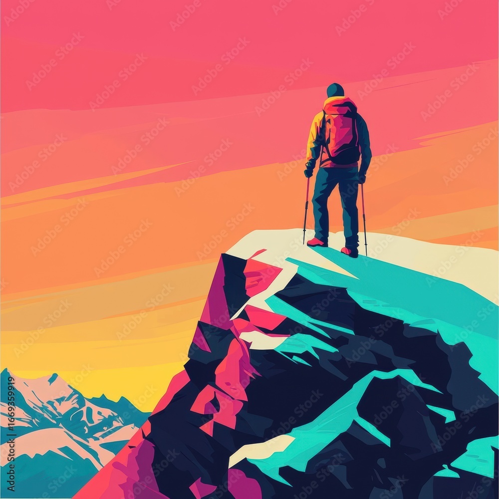 Fototapeta premium Person Climbing Snow-Capped Mountain Peak at Sunset with Bright Colors and Dramatic Sky