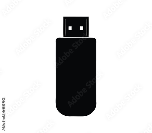 Simple black and white USB drive illustration for data storage and transfer, usb drive storage silhouette vector illustration