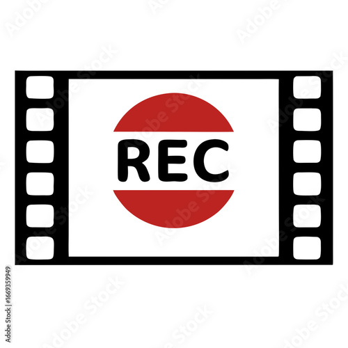 Record Icon in Cinema: A bold, red REC symbol superimposed on a classic film strip frame, instantly conveying the concepts of recording, capturing, and production in the cinematic arts.