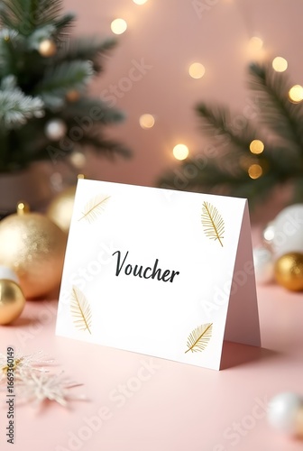 Elegant gold foil leaf accents adorn a crisp white voucher card, vertical composition. This festive design is perfectly complemented by a soft pink background and blurred Christmas decorations.