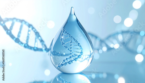 DNA within the drop: A meticulously rendered 3D image of a water droplet containing a DNA strand against a backdrop of floating double helix formations.