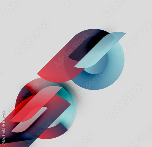 Abstract shapes overlap, creating dynamic composition. Red, blue, turquoise hues blend softly against gray background. Modern design.