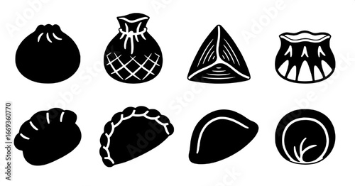 Set of traditional Asian dumpling icons in a minimalist black silhouette style, featuring various dim sum and gyoza shapes as vector elements