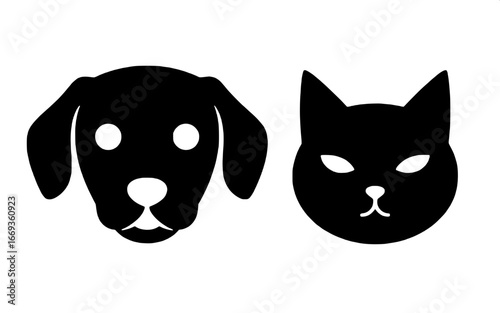 Elegant black silhouette icons depicting a friendly domestic dog and a sleek feline cat head, symbolizing companionship and common household pets, perfect for pet care designs