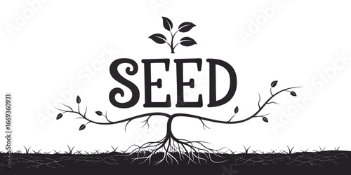 Stylized black typography of the word SEED growing into a plant with roots branches and leaves.