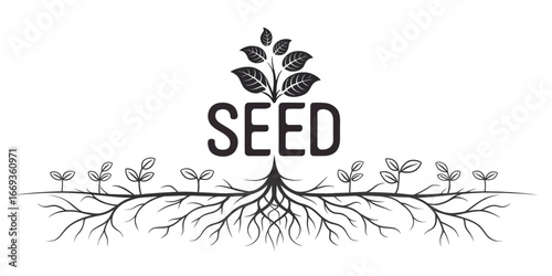 Stylized black plant silhouette with the word SEED showing extensive roots and new sprouts growing.