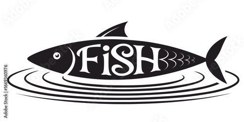 Black fish silhouette with ornate white lettering spelling FISH inside its body floating on stylized water ripples.