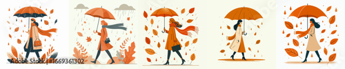 vector of a woman walking with an umbrella in autumn
