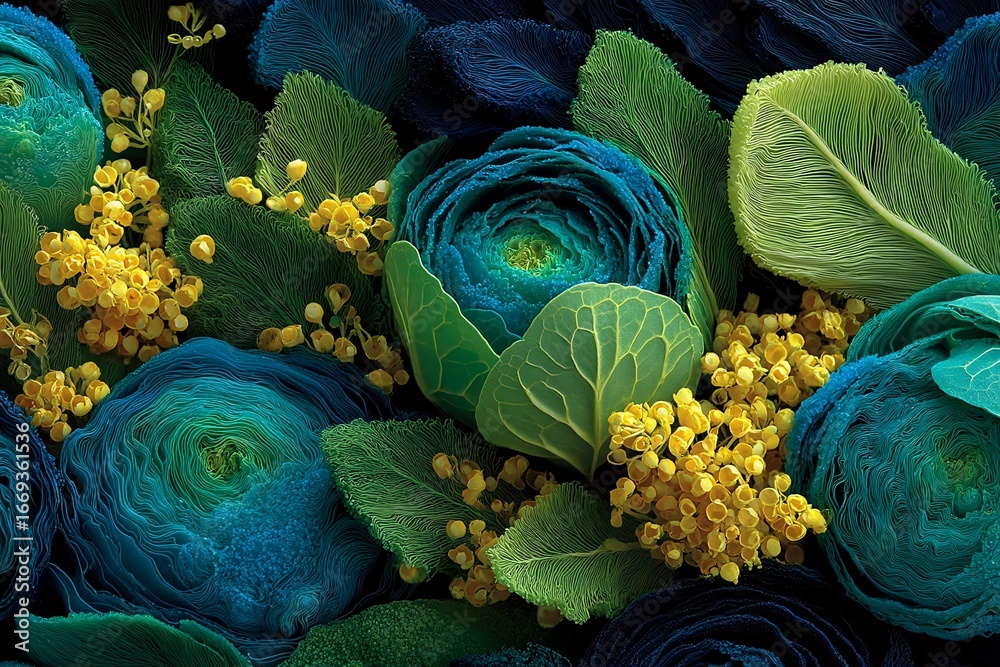 Obraz premium Vibrant Blue and Green Floral Background with Yellow Accents