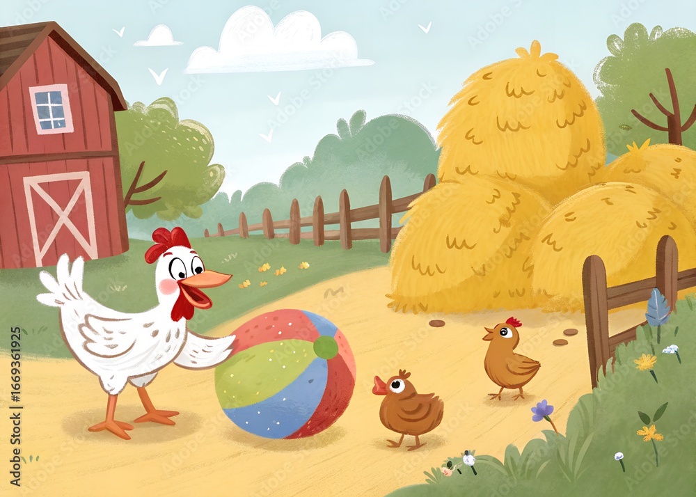 Fototapeta premium In a sunny farmyard, a cheerful hen pecks at a colorful round ball while a curious duck nudges it forward with its beak, haystacks piled in the background, a rustic red barn hen and chicken