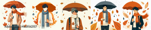 vector of a half body man walking with an umbrella in autumn