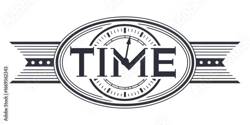 Stylized TIME typography on an elliptical clock dial with a mascara wand hand and striped ribbons.