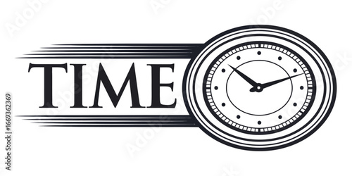 Dynamic black and white conceptual illustration of time with serif text and an analog clock face.