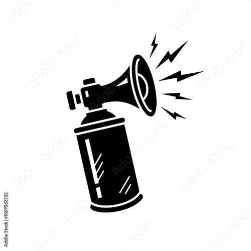 A monochrome vector icon of a handheld air horn creating a loud sound blast, representing an alarm, attention signal, or celebration