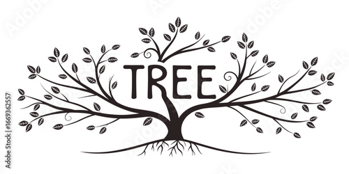 Graphic Black Tree with Curvy Branches Stylized Leaves and Integrated Word TREE.