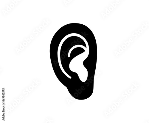 Simple black and white graphic illustration of a human ear, symbolizing hearing, listening, and sound reception
