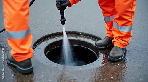 A worker in bright orange protective clothing uses a high pressure water jet to clean a circular drain opening on a wet paved surface