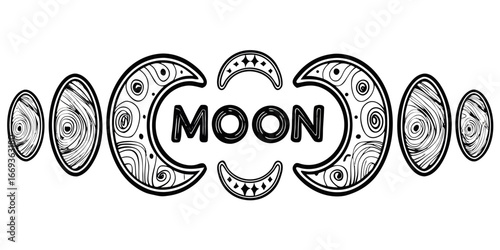 Symmetrical moon phases illustration with ornamental patterns and central MOON text.
