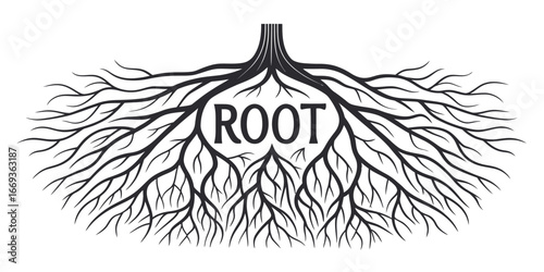 Stylized black silhouette of an intricate branching tree root system with the word ROOT integrated within its core.