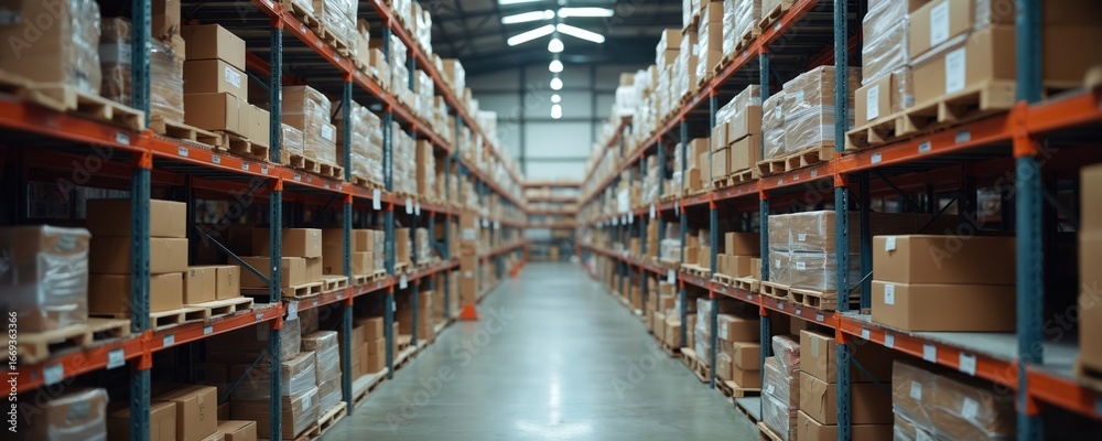 Fototapeta premium Expansive warehouse interior featuring tall shelves stocked with numerous cardboard boxes. Aisles create perspective view within hardware store. Industrial setting organized for efficient logistics,