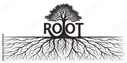 Stylized black tree silhouette with the word ROOT and an extensive intricate underground root system.