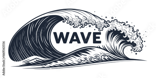 Stylized dark blue ocean wave in a Japanese woodblock style curling with foam and text.